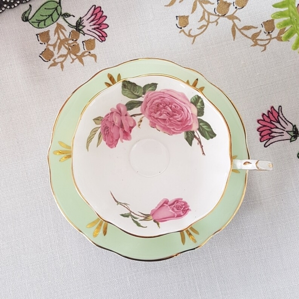 Queen Anne Tea Cup and Saucer, Pale Green Wide Mouth Cup with Pink Roses England